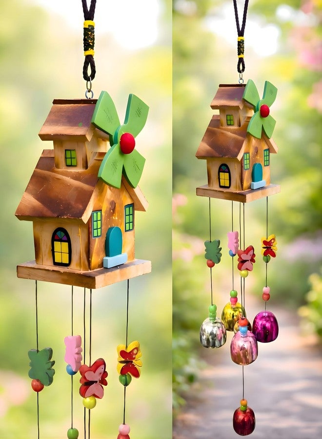 sculpmart جرس رياح خشبي على شكل منزل مع طاحونة هوائية من سكولبمارت - 5 أجراس متعددة الألوان للمنزل والشرفة | هدية وديكور منزلي مع صوت موسيقي (5 أجراس متعددة الألوان) - Image 1